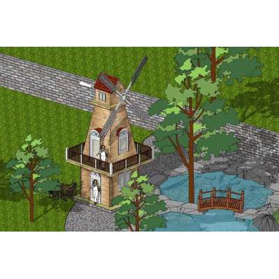 Russian pine wood landscape windmill